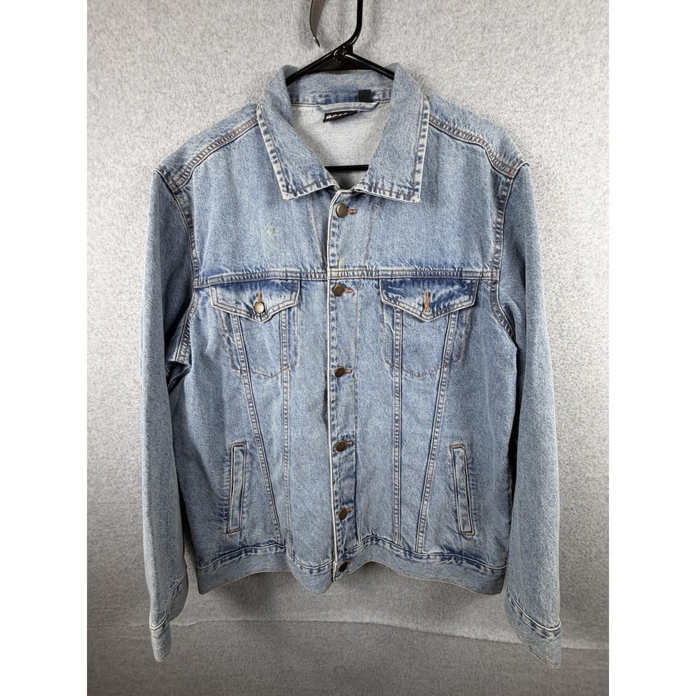 AC/DC Jacket Mens Large Blue Denim Jean Biker Rock Band Back Patch Graphic